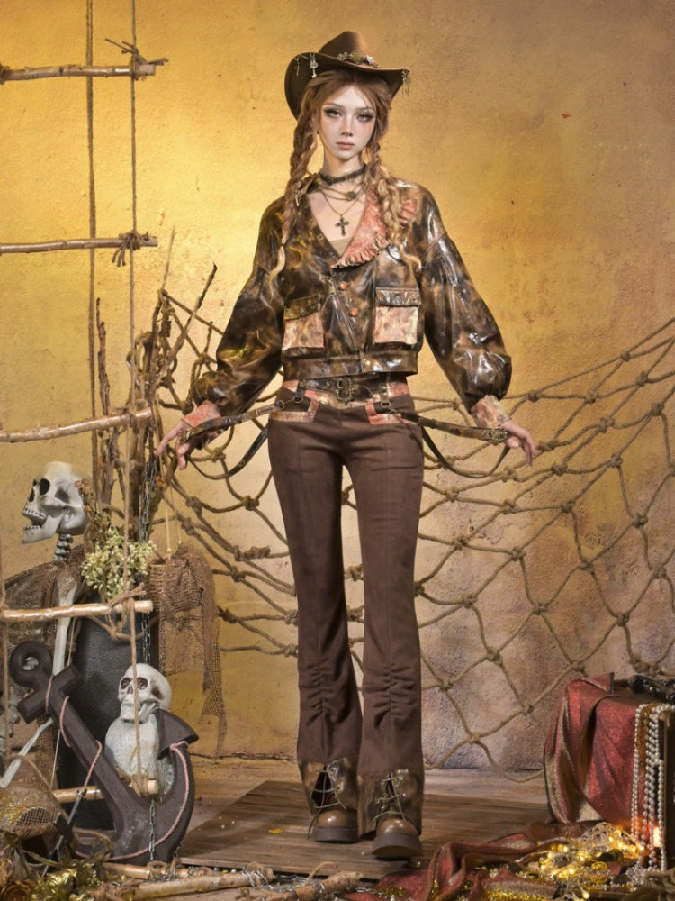 Low-Waisted Spice Lace Vintage Distressed Bootcut Bib Pants【s0000015312】