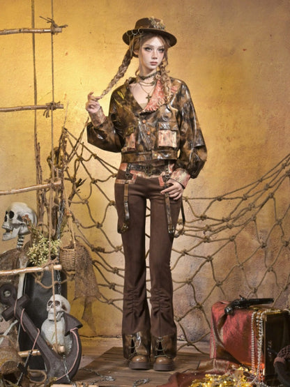Low-Waisted Spice Lace Vintage Distressed Bootcut Bib Pants【s0000015312】