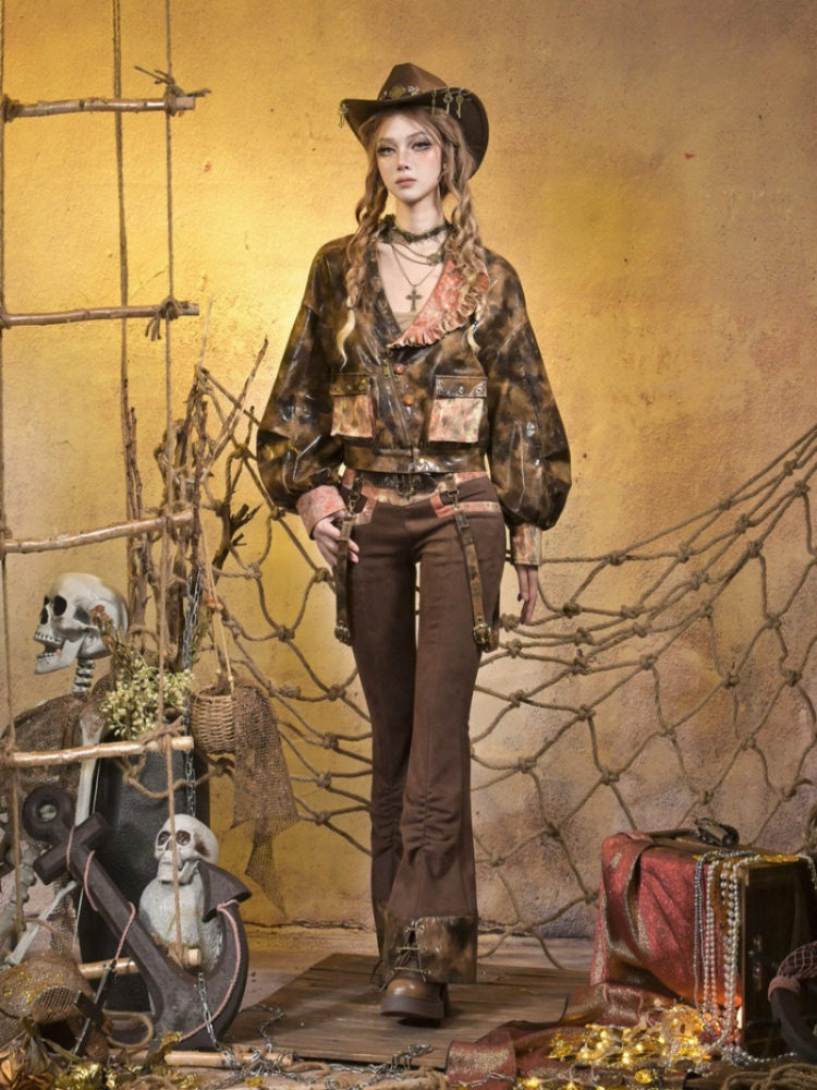 Low-Waisted Spice Lace Vintage Distressed Bootcut Bib Pants【s0000015312】
