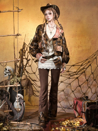 Low-Waisted Spice Lace Vintage Distressed Bootcut Bib Pants【s0000015312】