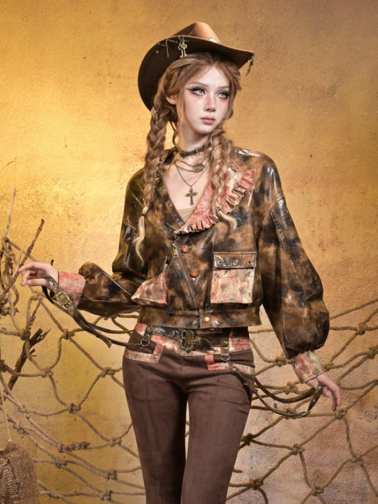 Maillard Lace Steampunk Vintage Girl Padded Leather Jacket【s0000015313】