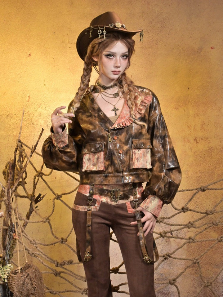 Maillard Lace Steampunk Vintage Girl Padded Leather Jacket【s0000015313】
