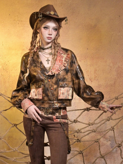 Maillard Lace Steampunk Vintage Girl Padded Leather Jacket【s0000015313】
