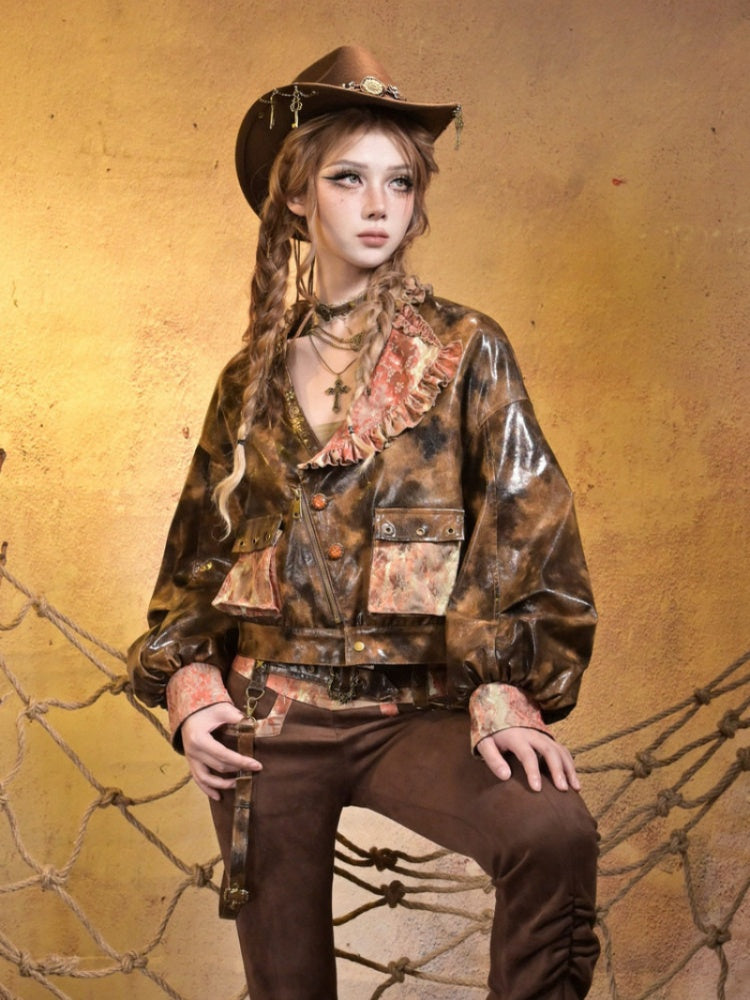 Maillard Lace Steampunk Vintage Girl Padded Leather Jacket【s0000015313】