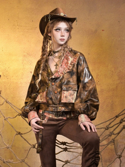 Maillard Lace Steampunk Vintage Girl Padded Leather Jacket【s0000015313】