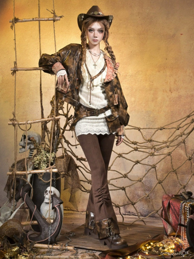 Maillard Lace Steampunk Vintage Girl Padded Leather Jacket【s0000015313】