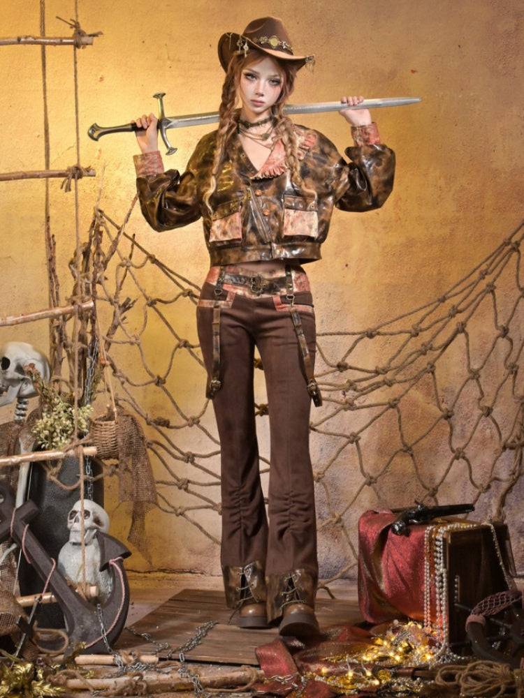 Maillard Lace Steampunk Vintage Girl Padded Leather Jacket【s0000015313】