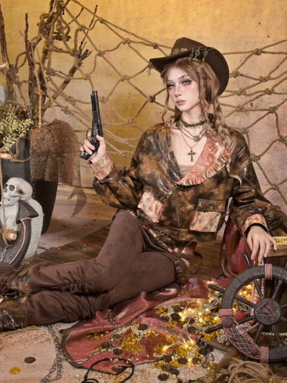 Maillard Lace Steampunk Vintage Girl Padded Leather Jacket【s0000015313】