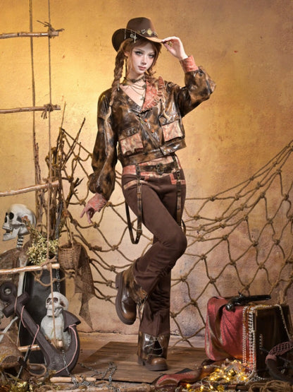 Maillard Lace Steampunk Vintage Girl Padded Leather Jacket【s0000015313】
