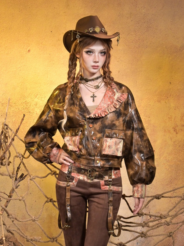 Maillard Lace Steampunk Vintage Girl Padded Leather Jacket【s0000015313】