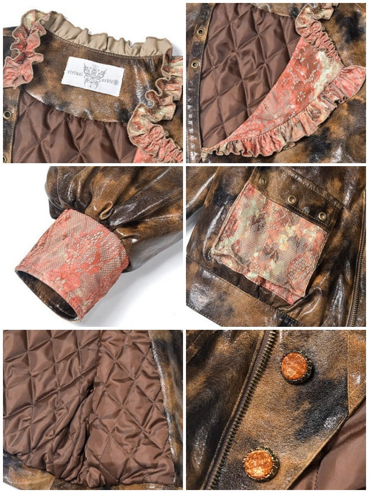 Maillard Lace Steampunk Vintage Girl Padded Leather Jacket【s0000015313】
