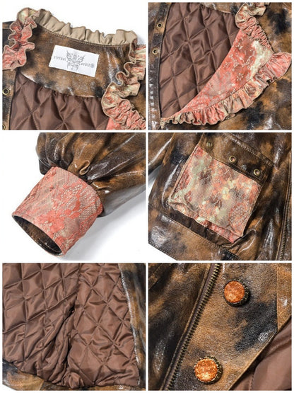Maillard Lace Steampunk Vintage Girl Padded Leather Jacket【s0000015313】