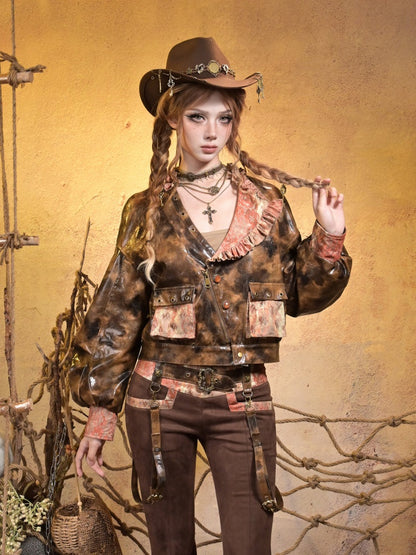 Maillard Lace Steampunk Vintage Girl Padded Leather Jacket【s0000015313】