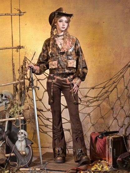Maillard Lace Steampunk Vintage Girl Padded Leather Jacket【s0000015313】