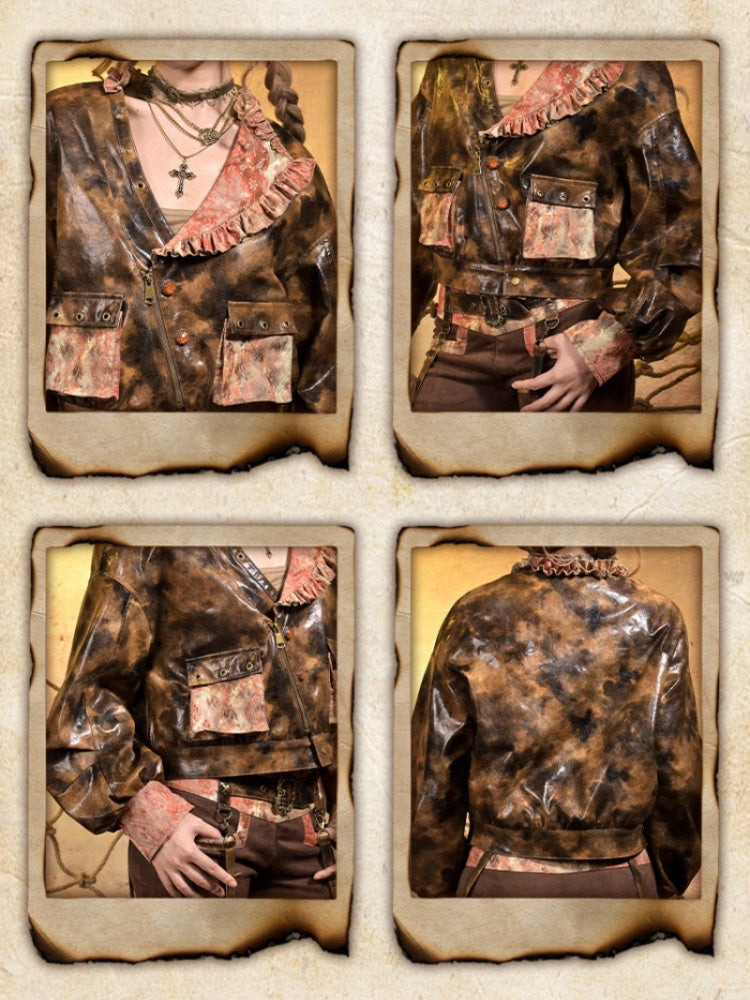 Maillard Lace Steampunk Vintage Girl Padded Leather Jacket【s0000015313】