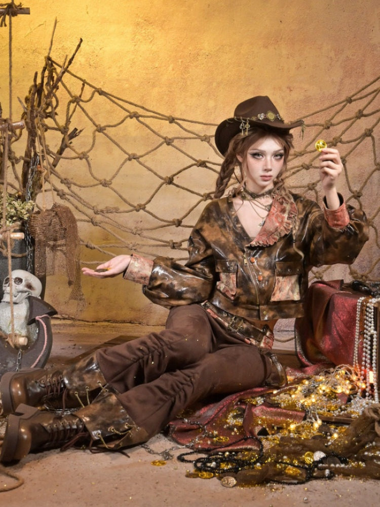 Maillard Lace Steampunk Vintage Girl Padded Leather Jacket【s0000015313】