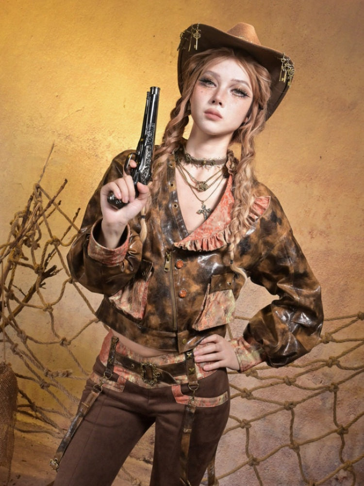 Maillard Lace Steampunk Vintage Girl Padded Leather Jacket【s0000015313】