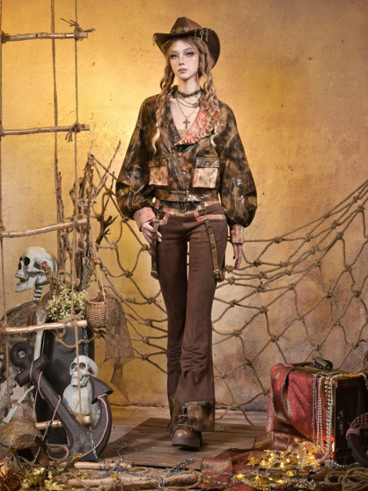 Maillard Lace Steampunk Vintage Girl Padded Leather Jacket【s0000015313】