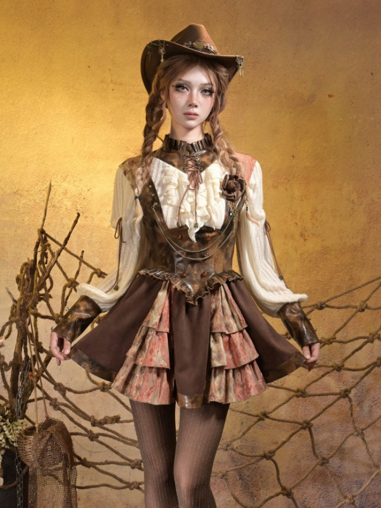 Lace Leather Stitching Vintage Distressed Breast Support Bib Skirt【s0000015314】
