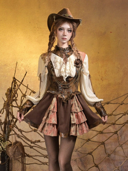 Lace Leather Stitching Vintage Distressed Breast Support Bib Skirt【s0000015314】