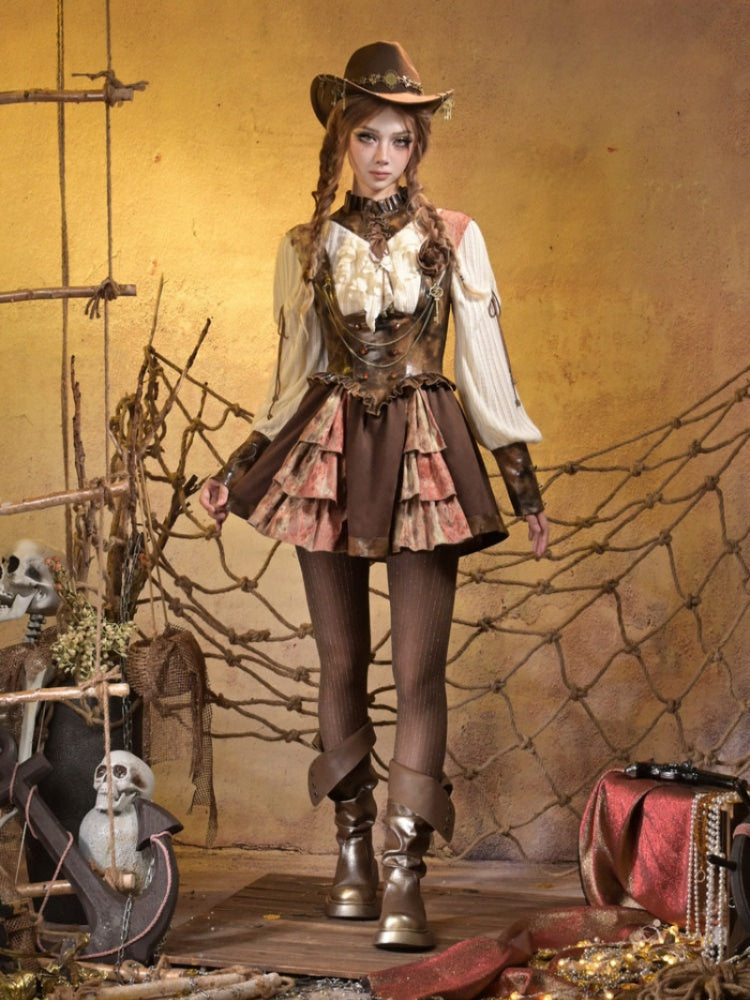Lace Leather Stitching Vintage Distressed Breast Support Bib Skirt【s0000015314】