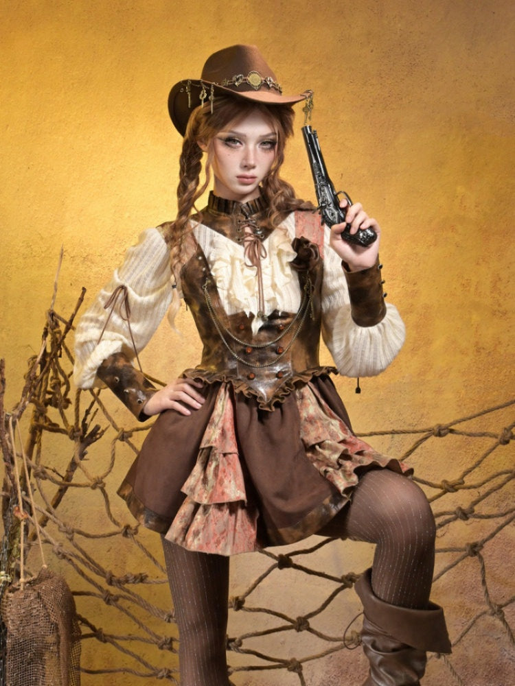 Lace Leather Stitching Vintage Distressed Breast Support Bib Skirt【s0000015314】