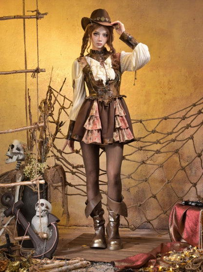 Lace Leather Stitching Vintage Distressed Breast Support Bib Skirt【s0000015314】