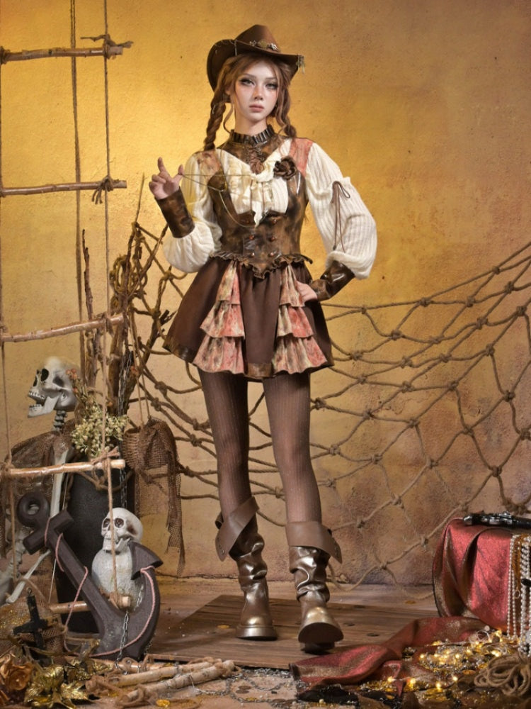 Lace Leather Stitching Vintage Distressed Breast Support Bib Skirt【s0000015314】