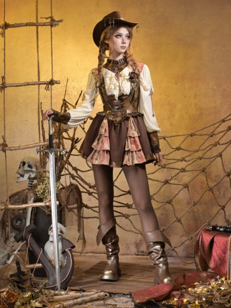 Lace Leather Stitching Vintage Distressed Breast Support Bib Skirt【s0000015314】