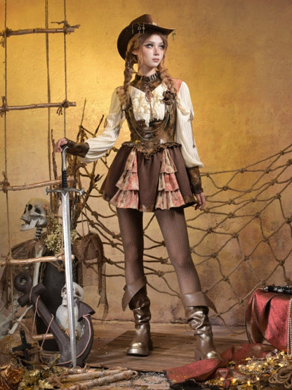 Lace Leather Stitching Vintage Distressed Breast Support Bib Skirt【s0000015314】