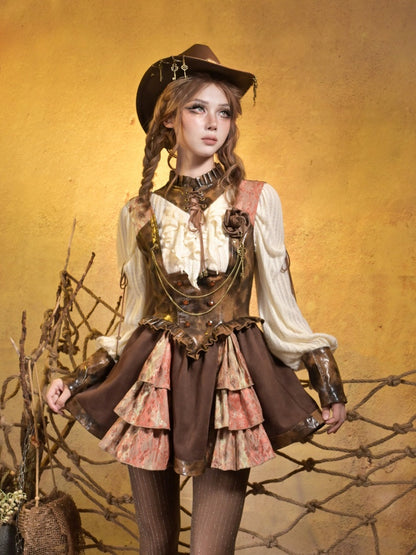 Lace Leather Stitching Vintage Distressed Breast Support Bib Skirt【s0000015314】