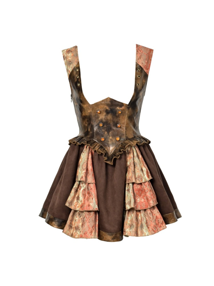 Lace Leather Stitching Vintage Distressed Breast Support Bib Skirt【s0000015314】