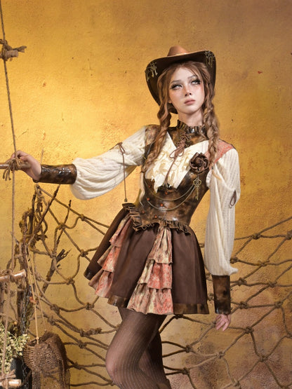 Lace Leather Stitching Vintage Distressed Breast Support Bib Skirt【s0000015314】