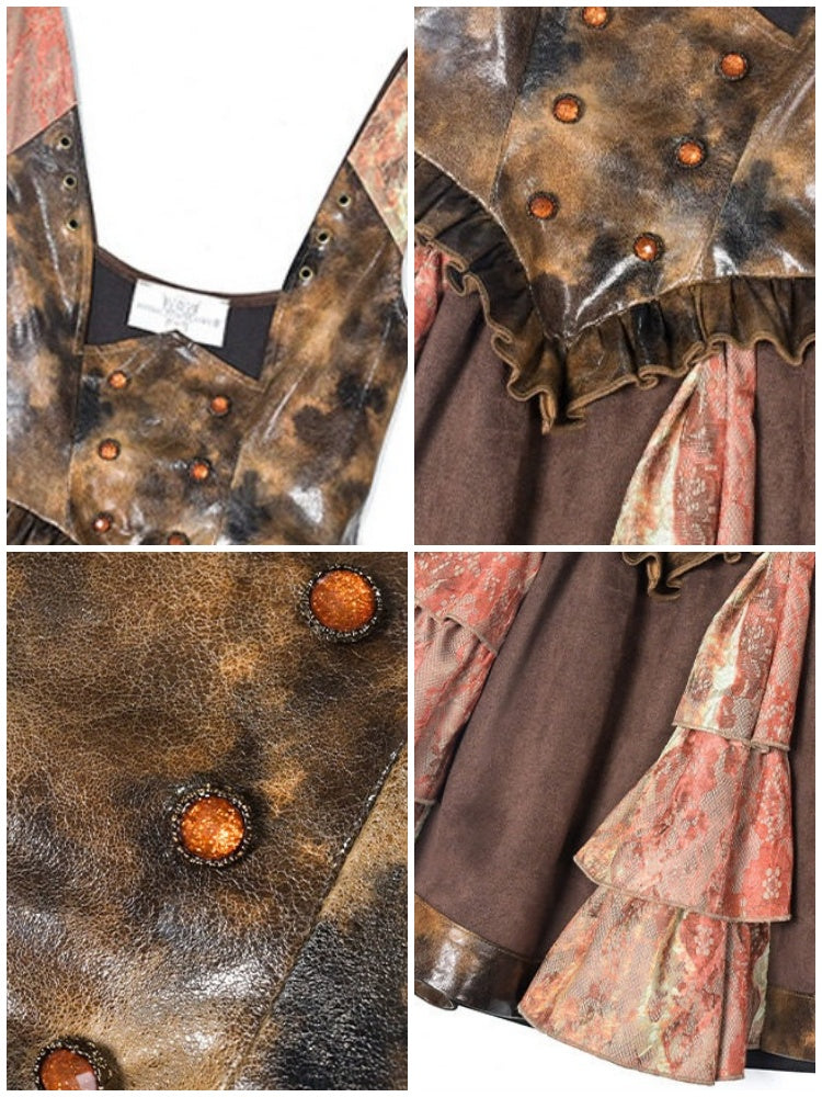 Lace Leather Stitching Vintage Distressed Breast Support Bib Skirt【s0000015314】