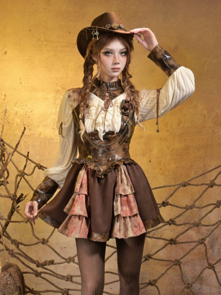 Lace Leather Stitching Vintage Distressed Breast Support Bib Skirt【s0000015314】