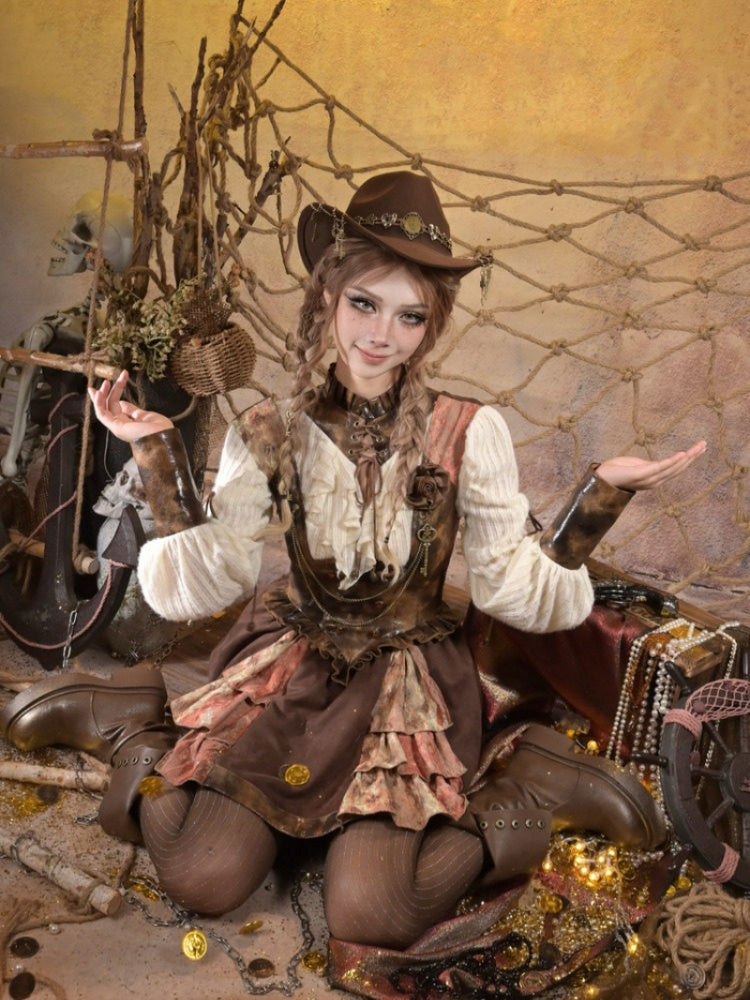 Lace Leather Stitching Vintage Distressed Breast Support Bib Skirt【s0000015314】