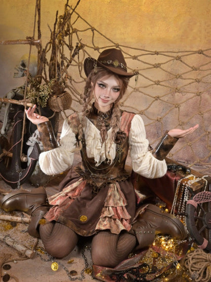 Lace Leather Stitching Vintage Distressed Breast Support Bib Skirt【s0000015314】