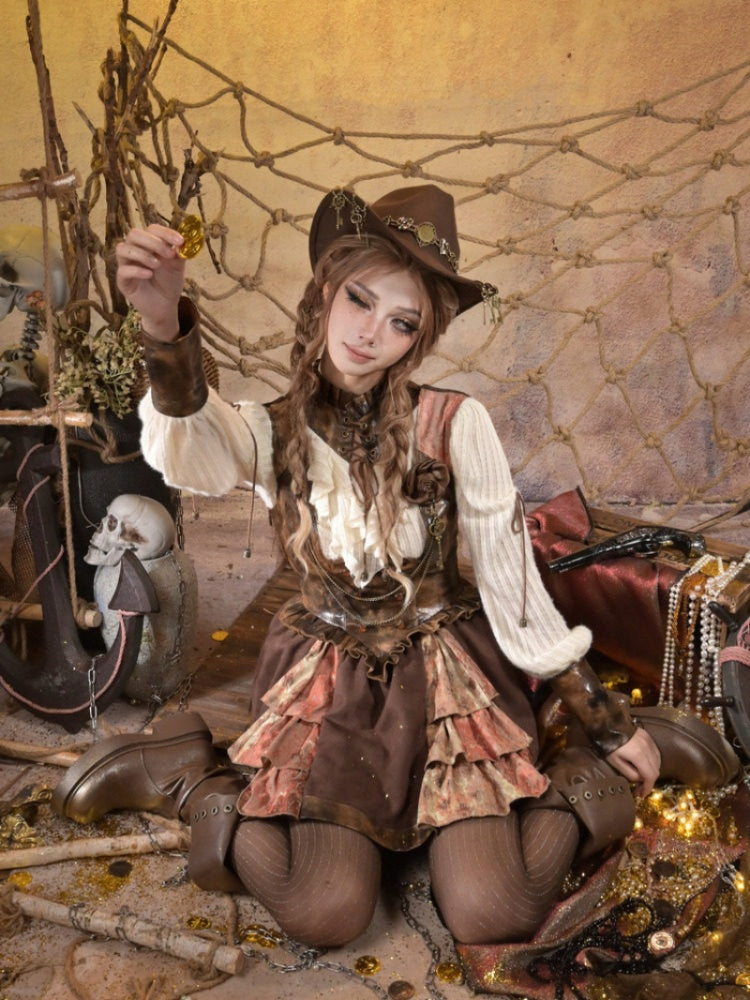 Lace Leather Stitching Vintage Distressed Breast Support Bib Skirt【s0000015314】
