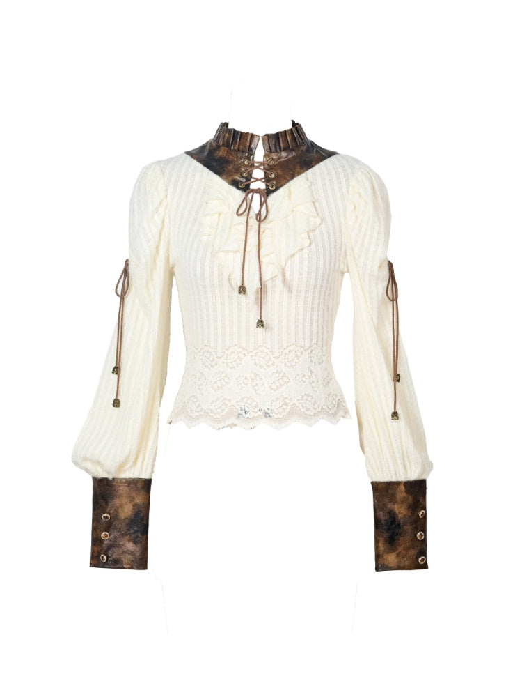 Knitted Leather Stitching Vintage Lace Top【s0000015315】