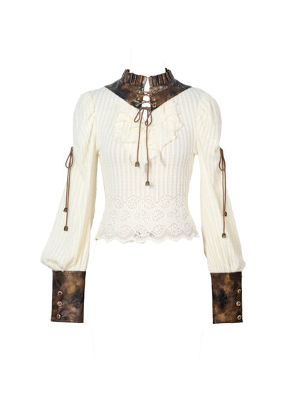 Knitted Leather Stitching Vintage Lace Top【s0000015315】