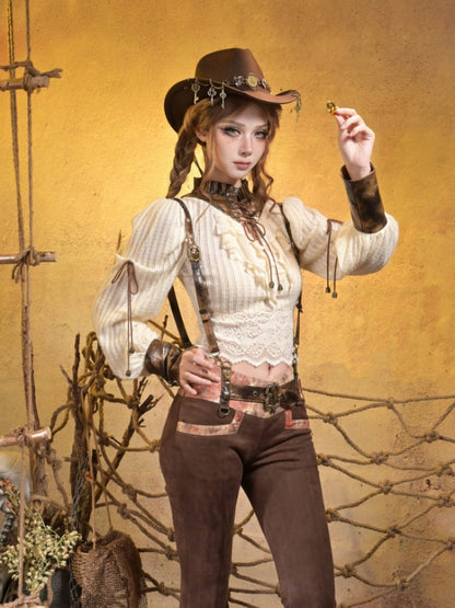 Knitted Leather Stitching Vintage Lace Top【s0000015315】