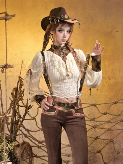 Knitted Leather Stitching Vintage Lace Top【s0000015315】