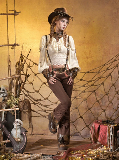 Knitted Leather Stitching Vintage Lace Top【s0000015315】