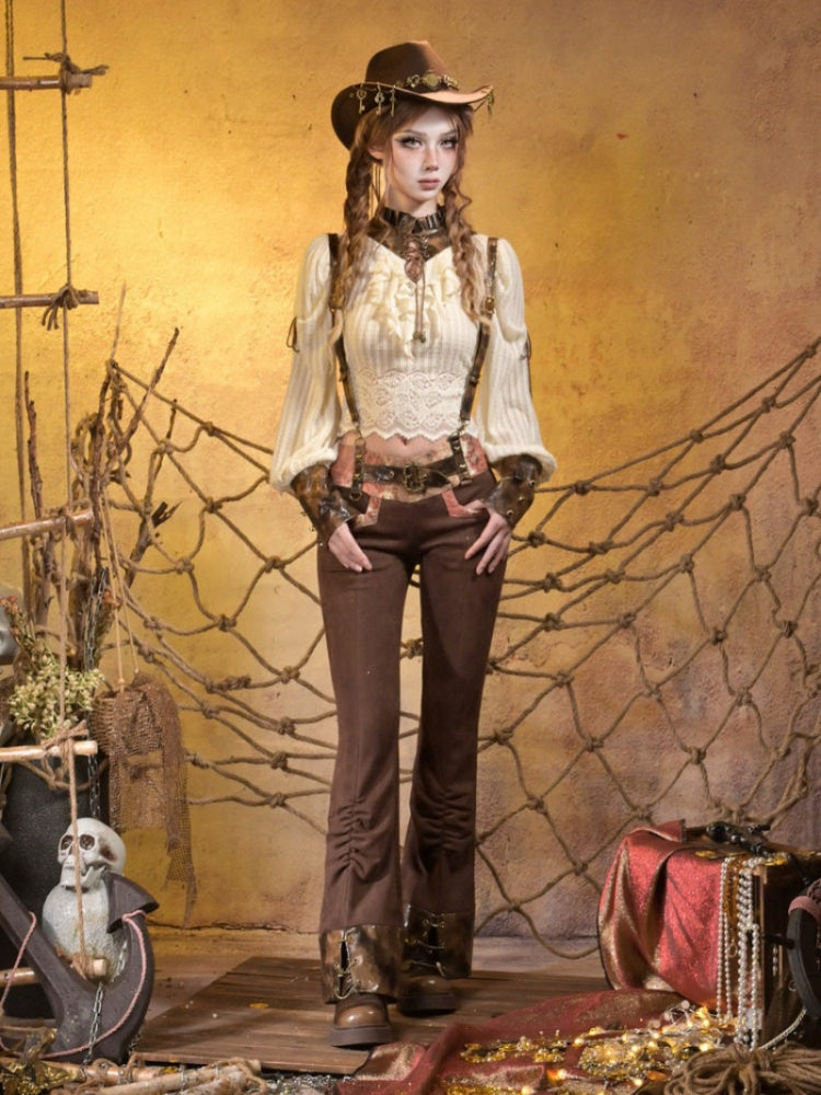 Knitted Leather Stitching Vintage Lace Top【s0000015315】