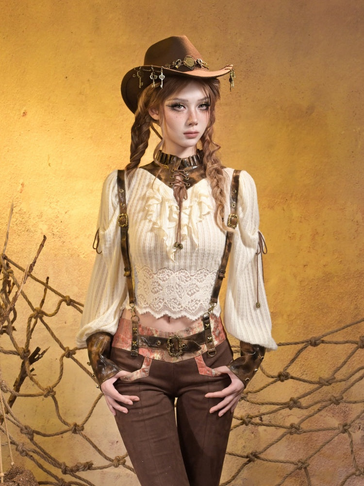 Knitted Leather Stitching Vintage Lace Top【s0000015315】