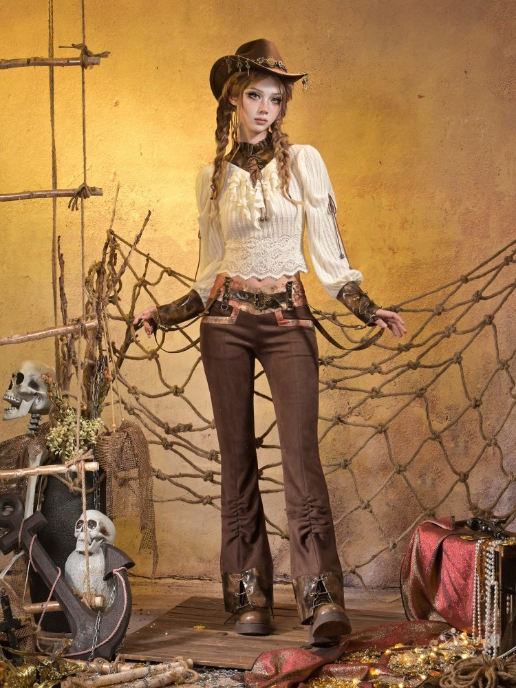 Knitted Leather Stitching Vintage Lace Top【s0000015315】