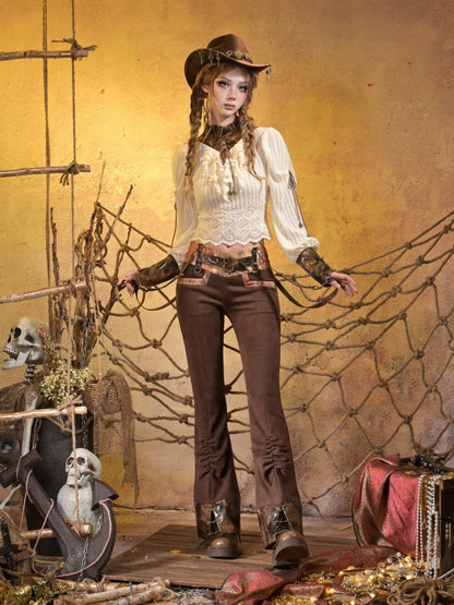 Knitted Leather Stitching Vintage Lace Top【s0000015315】