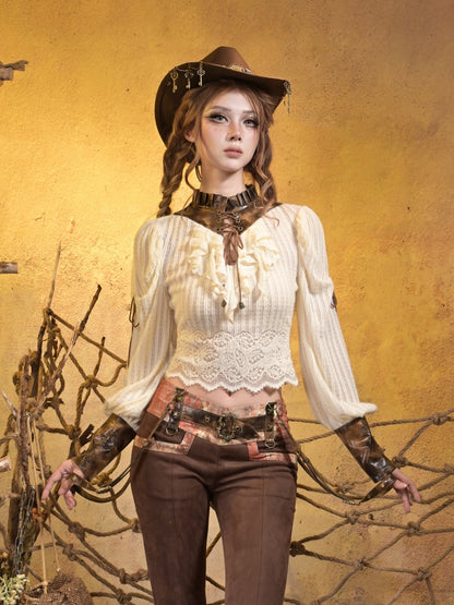 Knitted Leather Stitching Vintage Lace Top【s0000015315】