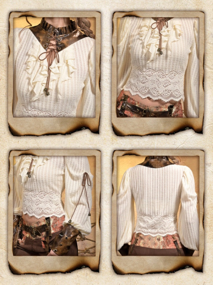 Knitted Leather Stitching Vintage Lace Top【s0000015315】
