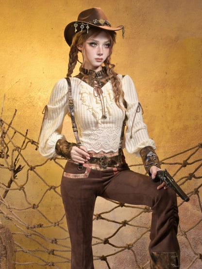 Knitted Leather Stitching Vintage Lace Top【s0000015315】